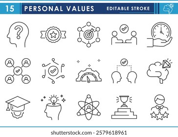 A set of line icons related to Personal Values. Value, moral, person, innovation, mindful, efficient, problem sharing, punctual, and so on. Vector editable stroke.