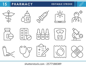 A set of line icons related to Pharmacy. Medical, syringe, medicine, digital, symbol, microscope, health, health report, and so on. Vector editable stroke.