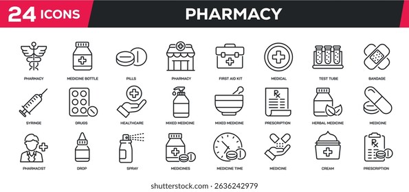 Set of line icons related pharmacy, medicine, drug, healthcare, treatment. Perfect pixel on transparent background