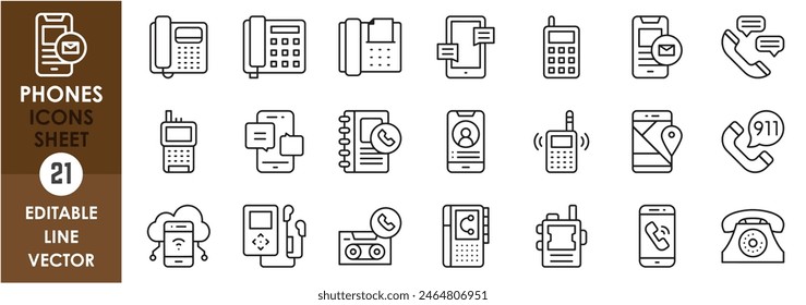 A set of line icons related to phones. Old style phone, smartphone, telephone, fax and so on. Vector outline icons set.