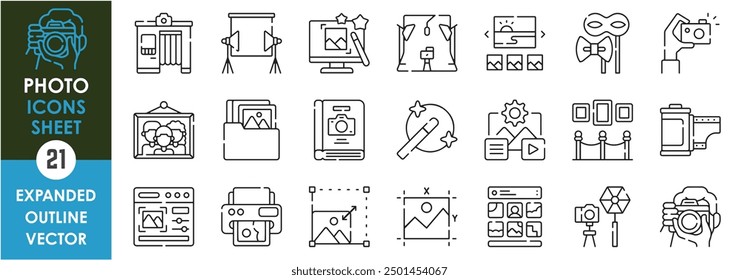 A set of line icons related to Photo. Photography, resize, photographer, folder, album, print, light, art gallery, museum, fantasy, and so on. Vector outline icons set.