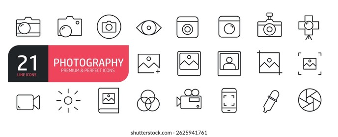 Set of line icons related to photo, retro camera, camcorder, multimedia. Outline icons collection. Vector illustration.
