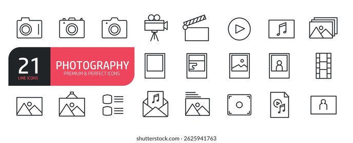 Set of line icons related to photo, retro camera, camcorder, multimedia. Outline icons collection. Vector illustration.