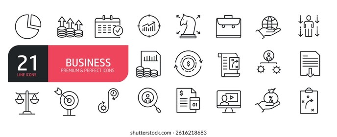 Set of line icons related to pie chart, briefcase, business strategy, business target, growth. Outline icons collection. Vector illustration. stock illustration