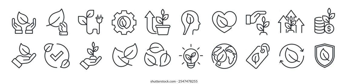 Set of line icons related plants, environment, ecology, green, eco. 500x500px Perfect pixel on transparent background