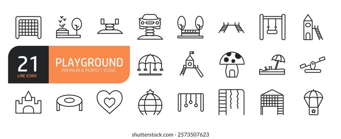 Set of line icons related to playground, kids outdoor toy, sandbox, children parks, slide, monkey bar, dome climber and more. Outline icons collection. Vector illustration.