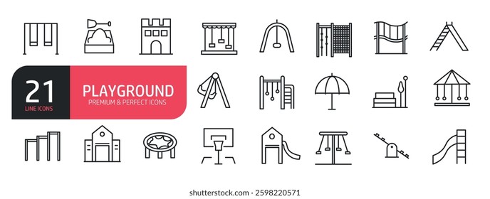Set of line icons related to playground, kids outdoor toy, sandbox, children parks, slide, monkey bar, dome climber and more. Outline icons collection. Vector illustration.