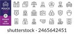 A set of line icons related to police. Law, police, crime, criminal, prison, vehicle, emblem, crime report and so on. Vector outline icons set.