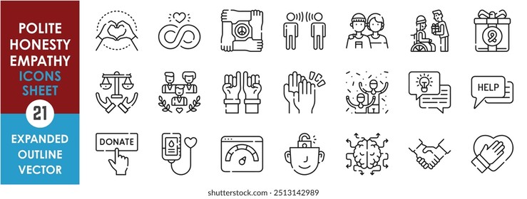 A set of line icons related to Polite, Honesty, and Empathy. Polite, love, charity, care, inspire, gift, donate, award, peace, promise, mindful, cooperate, assist, equality, and so on.