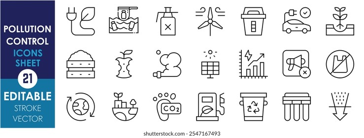 A set of line icons related to Pollution Control. Pollution, noise, soil, air, water, ocean cleaning, recycle, plant trees, eco vehicles, and so on. Vector editable stroke.