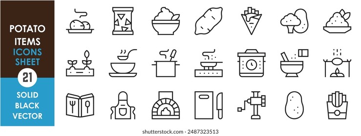 Eine Reihe von Zeilensymbolen in Bezug auf Kartoffelartikel. Kartoffelrezept, gebacken, gebraten, Französisch, Kochen, Koch, Topf, Suppe, Gemüse, Hacken, und so weiter. Vektorgrafik-Gliederungssymbole festgelegt.