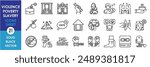 A set of line icons related to poverty, slavery and violence. Poor, rich, slave, hate, punish, banned, poverty, hut, prisoner, attack, food, hunger and so on. Vector outline icons set.