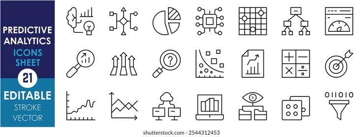 Um conjunto de ícones de linha relacionados à Análise Preditiva. Dados, previsão, gráfico, aprendizado de máquina, tendência, lupa, gráfico de pizza, mapa de calor e assim por diante. Traçado editável de vetor.