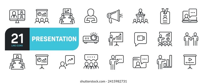 Set of line icons related to presentation, meeting, conference, seminar. Outline icons collection. Vector illustration.