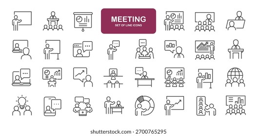 Conjunto de iconos de línea relacionados con la presentación, reunión, negocio, discusión. Colección de iconos de contorno