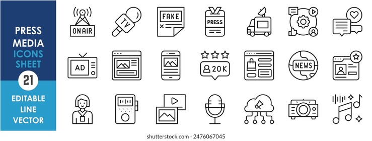 A set of line icons related to press and media. News, media, press, video, audio, projection, live, internet, fake news and so on. Vector outline icons set.