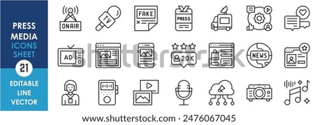 A set of line icons related to press and media. News, media, press, video, audio, projection, live, internet, fake news and so on. Vector outline icons set.