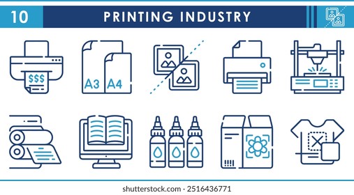 A set of line icons related to Printing Industry. Print, press, industry, t-shirt, 3d, paper size, and so on. Vector outline icons set.