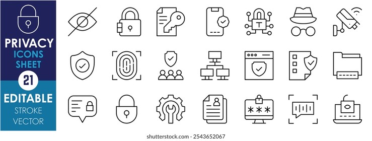 A set of line icons related to Privacy. Lock, fingerprint, document, security camera, VPN, safety, recognition, and so on. Vector editable stroke.