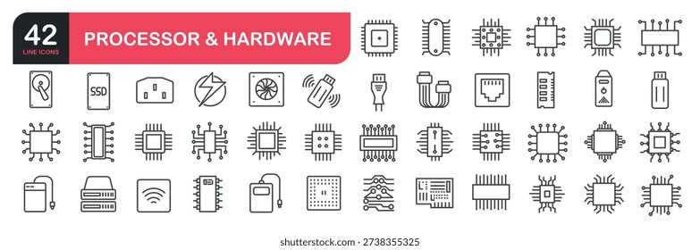 Set of line icons related to processor, chip, sim card, memory, RAM. Outline icons collection. Vector illustration