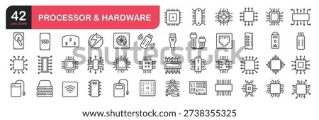 Set of line icons related to processor, chip, sim card, memory, RAM. Outline icons collection. Vector illustration
