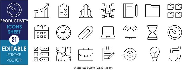 Um conjunto de ícones de linha relacionados à produtividade. Gráfico, seta, mapa da mente, notas, calendário, cronômetro, lâmpada, café, alvo, relógio, e assim por diante. Traçado editável de vetor.