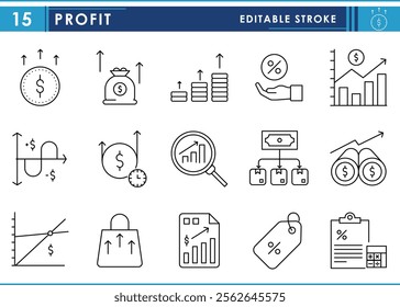 A set of line icons related to profits. Revenue, earning, cash flow, financial gain, surplus, growth, and so on. Vector editable stroke.