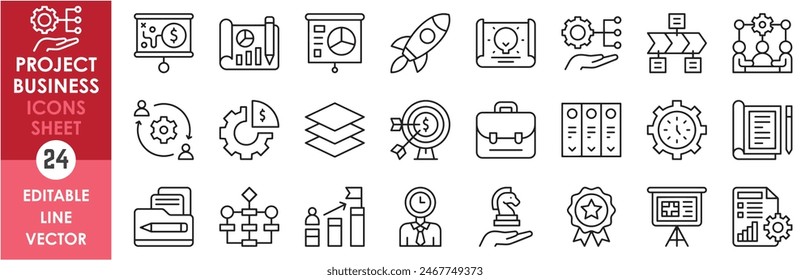 A set of line icons related to project business. Project, presentation, management, leadership, benefit, business, strategy and so on. Vector outline icons related to project and business.