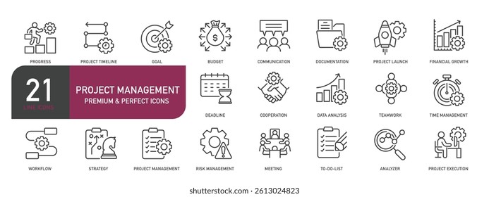 Set of line icons related to project management, progress, management, efficiency. Outline icons collection. Vector illustration