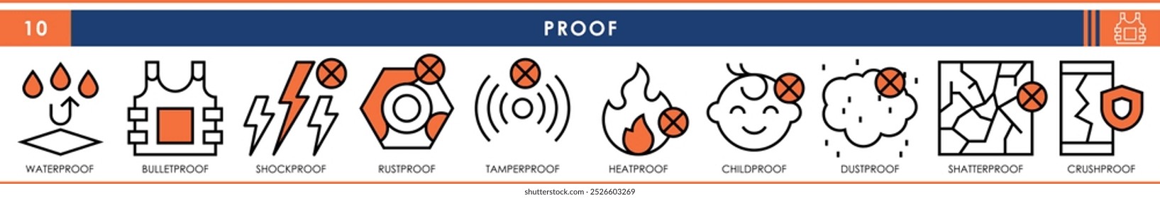 Um conjunto de ícones de linha relacionados à Prova. Bala, esmagamento, choque, fogo, criança, poeira e assim por diante. Traçado editável de vetor.