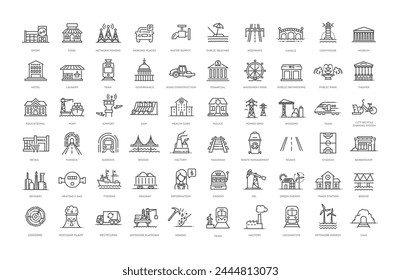 Set of line icons related to public infrastructure. City elements