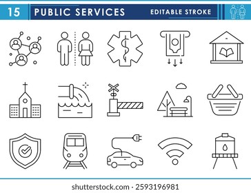 A set of line icons related to Public Services. Communication, payment, library, church, park, and so on. Vector editable stroke.