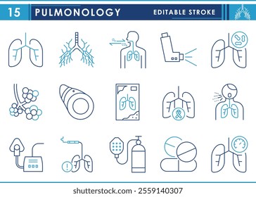 A set of line icons related to Pulmonology. Lungs, Bronchial Tree, asthma, Alveoli, inhaler, Lung Cancer, Sleep Apnea, Tuberculosis, x-ray, and so on. Vector editable stroke.