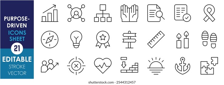 A set of line icons related to Purpose-Driven. Graph, network, hands open, footprint, bulb, compass, candle, target, aid, and so on. Vector editable stroke.