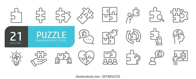 Set of line icons related to puzzle, jigsaw, solution. Outline icons collection. Vector illustration.