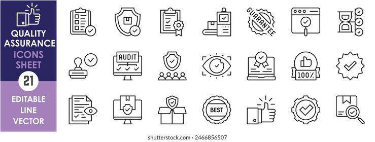 A set of line icons related to quality assurance. Quality check, verify, good, best, secure, award and so on. Vector outline icons set.