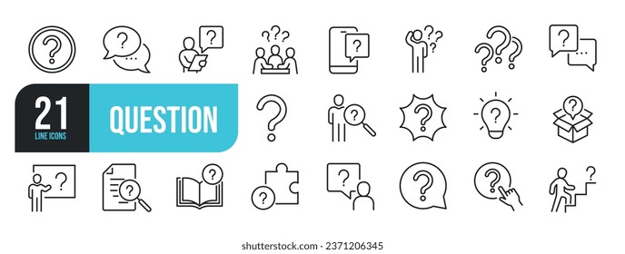 Set of line icons related to question, inforamtion, help, think. Outline icons collection. Vector illustration.