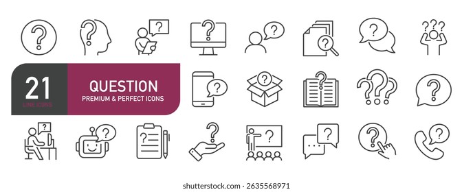 Set of line icons related to question, help, ask. Outline icons collection. Vector illustration