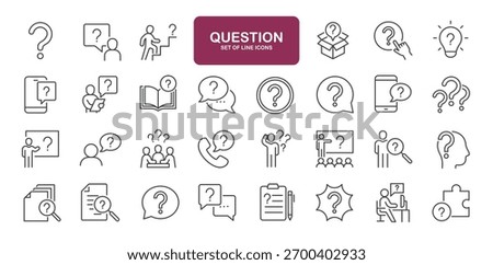 Set of line icons related to question, inforamtion, help, think. Outline icons collection