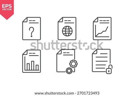 Set of line icons related to question file, global document, performance file, statistical report, document processing, unlocked document. Editable stroke. Vector illustration