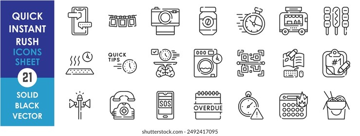 A set of line icons related to quick, instant and rush. Fast, clock, deadline, priority, scan, photo, noodles, food, urgent, cleaning, dry, phone and so on. Vector outline icons set.