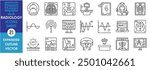 A set of line icons related to Radiology. X-ray, radio, waves, rays, bones, health, CT scan, and so on. Vector outline icons sets.