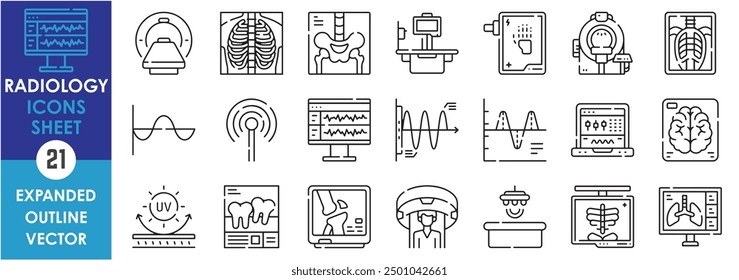 A set of line icons related to Radiology. X-ray, radio, waves, rays, bones, health, CT scan, and so on. Vector outline icons sets.