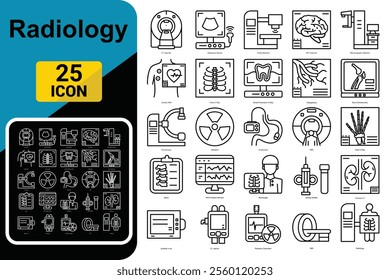 A set of line icons related to Radiology. X-ray, ct scan, and so on. Vector outline icons sets.