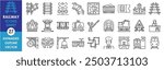 A set of line icons related to Railway. Rail, track, barrier, map, bell, ticket, transport, railway station, mine, subway, tunnel, and so on. Vector outline icons set.