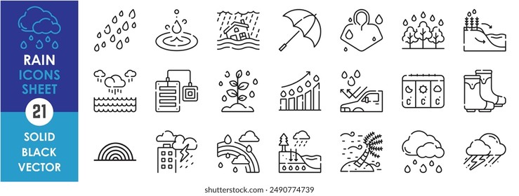 A set of line icons related to rain. Monsoon, rain, sensor, forecast, rainbow, gauge, droplets, flood, storm, thunder, bolt clouds, raincoat, umbrella and so on. Vector outline icons set.