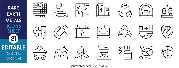 Un conjunto de iconos de línea relacionados con los metales de tierras raras. Tabla periódica, circuito, imán, químico, mineral, procesamiento, defensa, minerales críticos, láser, minería, etc. Vector de trazo editable.