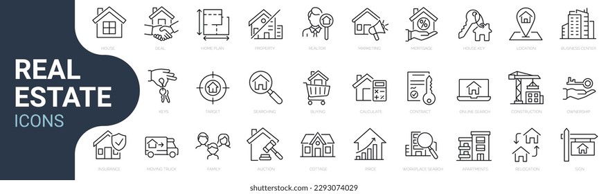 Set of line icons related to real estate, property, buying, renting, house, home. Outline icon collection. Editable stroke. Vector illustration. Linear business symbols svg