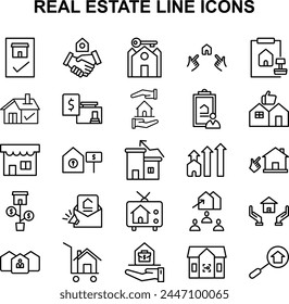 Set of line icons related to real estate, outline vector icon. Includes such as Property, Building, Apartment and other