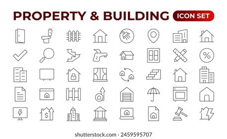 Set of line icons related to real estate, property, buying, renting, house, home. Outline icon collection. Vector illustration.Real estate Big UI set in a flat design. Thin outline pack.